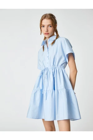 Koton Poplin Shirt Dress with Short Sleeves, Buttoned Ruffles, Gathered Waist.