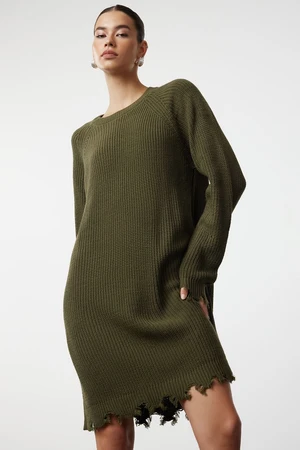 Trendyol Khaki Mini Knitwear Wide Patterned Plain Dress with Draping Detail