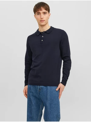 Tmavomodré pánske úpletové polo tričko s dlhým rukávom Jack & Jones Blaigor