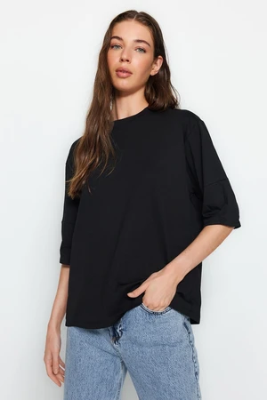 Trendyol Black 100% Cotton Premium Oversize/Wide Fit Three Quarter Sleeve Knitted T-Shirt