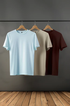 Trendyol Dark Brown-Stone-Light Blue Basic Slim Fit 100% Cotton 3-Pack T-Shirt