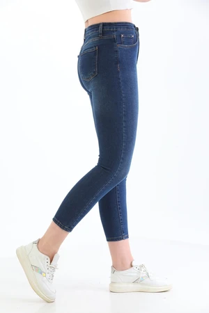 BİKELİFE Navy Blue Effect Detailed Plus Size High Waist Lycra Denim Trousers.