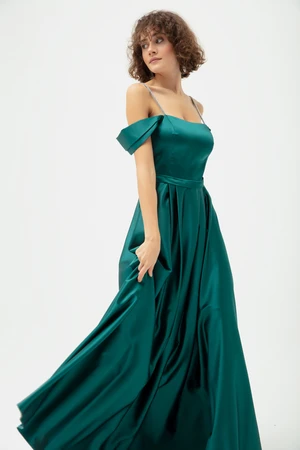 Lafaba Women's Emerald Green Stone Strap Flared Cut Long Evening Dress