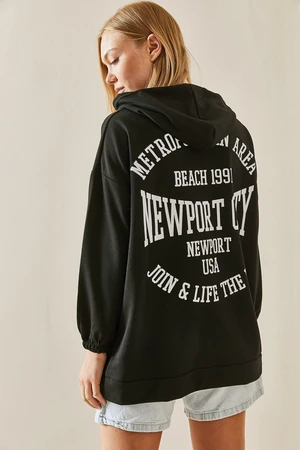 XHAN Black Printed On the Back Hoodie Sweatshirt