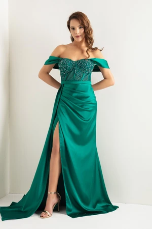 Lafaba Women's Emerald Green Boat Neck Underwire Corset Long Evening Dress