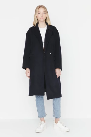 Trendyol Navy Blue široký oversized pásový kabát z prémiovej vlny