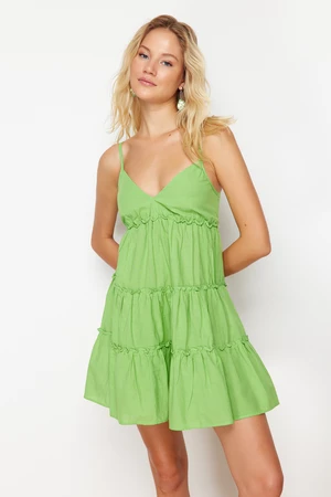 Trendyol Neon Green Mini Woven Ruffled 100% Cotton Beach Dress