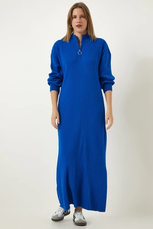 Happiness İstanbul Women's Blue Zipper Collar Ribbed Long Knitwear Dress