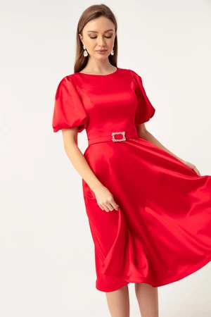 Lafaba Women's Red Mini Satin Evening Dress with Balloon Sleeves and Stones.