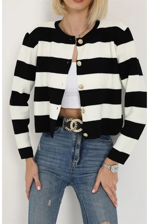 74390 Dewberry Crew Neck Striped Crop Cardigan-BLACK