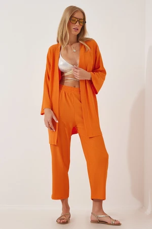 Happiness İstanbul Women's Orange Kimono Pants Knitted Set