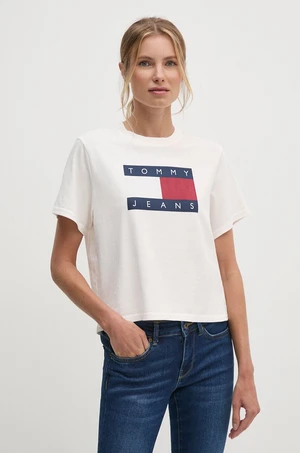 Bavlnené tričko Tommy Jeans dámske, béžová farba, DW0DW18629