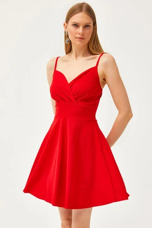 Olalook Women's Red Strap Double Breasted Collar Flared Dress