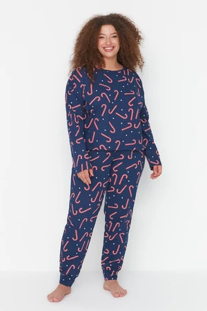 Trendyol Curve Navy Blue Christmas Themed Knitted Pajamas Set