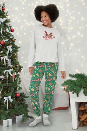 Trendyol Gray Melange 100% Cotton Christmas Theme T-shirt-Pants and Knitted Pajamas Set