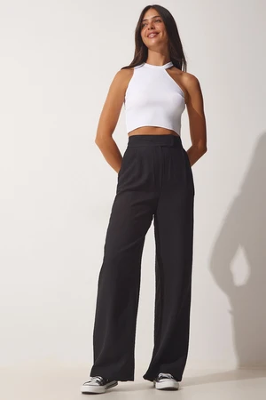 Happiness İstanbul Women's Black Velcro Closure Loose Linen Trousers