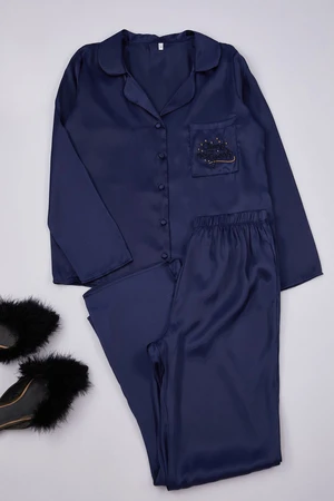 Trendyol Navy Blue New Year Themed Embroidered Satin Shirt-Pants Woven Pajama Set