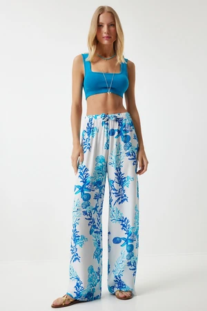 Happiness İstanbul Women's Sky Blue White Patterned Loose Viscose Palazzo Trousers