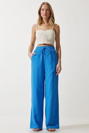 Happiness İstanbul Women's Blue Muslin Palazzo Trousers