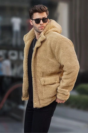 Madmext Camel Hooded Plush Coat 6718