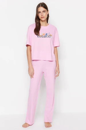 Trendyol Light Pink Cotton Slogan Printed T-shirt-Pants Knitted Pajama Set