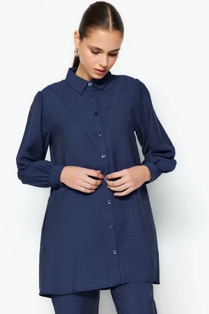 Trendyol Navy Blue Linen Look Shirt-Trousers Woven Suit