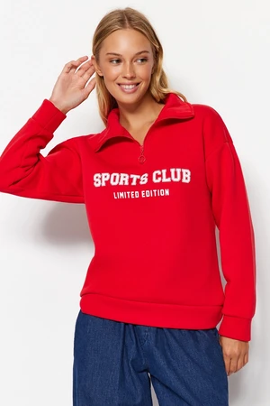 Trendyol Red Regular/Normal Cut Slogan Zippered Stand Collar Thick Polar Fleece Sweatshirt