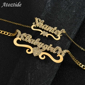 Atoztide Heart Custom Name Zircon Necklace for Women 4mm NK Thick Chain Stainless Steel BlingBling Stone Pendant Gift