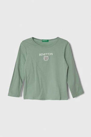 Dětské bavlněné tričko s dlouhým rukávem United Colors of Benetton zelená barva, s potiskem