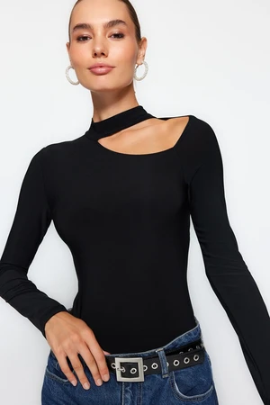 Trendyol Black Cut Out Detail Choker Collar Fitted/Situated, Flexible Knitted Body with Snap Buttons