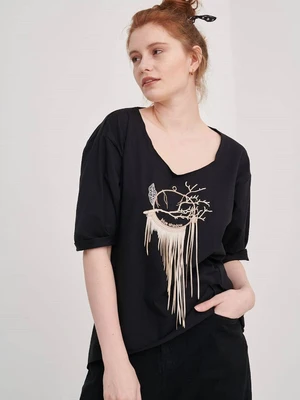 Black Blouse Dream Catcher Tassels Blue Shadow