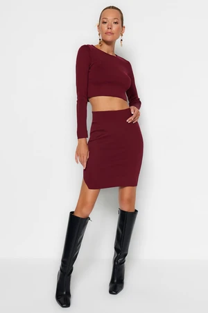 Trendyol Burgundy Super Crop Skirt Knitwear Two Piece Set