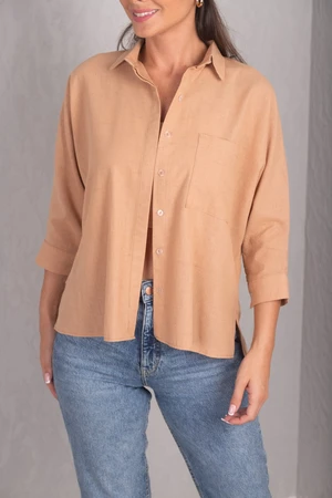 armonika Women's Light Brown Loose Linen Shirt with Pocket