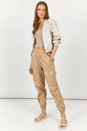 armonika Women's Beige Cargo Pants with Elastic Waist And Legs