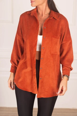 armonika Women's Orange Pocket Oversize Velvet Long Basic Shirt