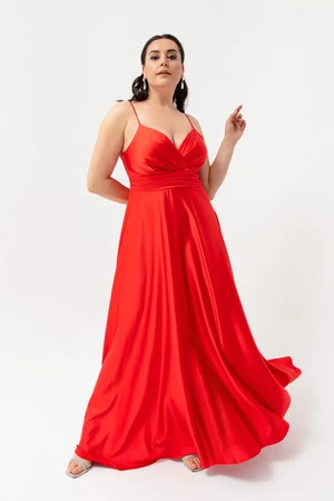 Lafaba Women's Plus Size Satin Long Evening Dress &; Prom Dresses with Straps and Red Threads