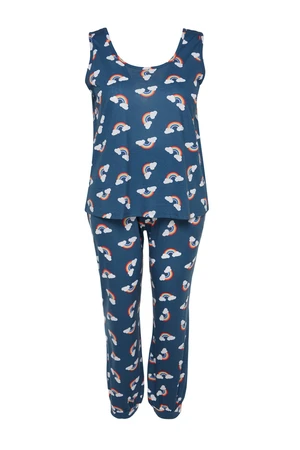 Trendyol Curve Navy Blue Rainbow Patterned Knitted Pajamas Set