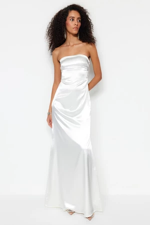 Trendyol Ecru Fitted Lined Woven Satin Wedding/Wedding Long Evening Evening Dress