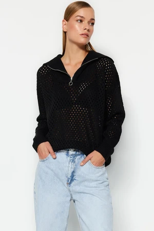 Trendyol Black Polo Collar Knitwear Sweater with Openwork/Perforations