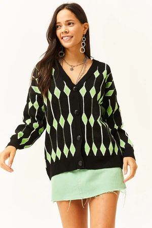 Olalook Women's Black Diamond Pattern Oversize Knitwear Cardigan