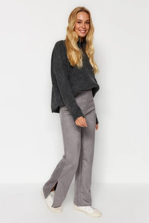 Trendyol Anthracite Suede With Slits in the Sides Flare/Dipstick High Waist Knitted Trousers