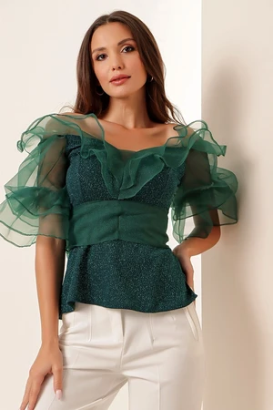 By Saygı Madonna Collar Ruffle Organza Sleeves Glittery Emerald Blouse