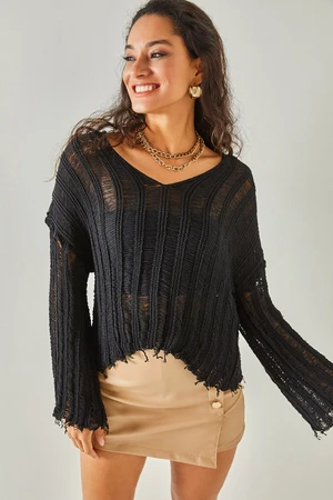 Olalook Women's Black V-Neck Openwork Wide Sleeves Cotton Knitwear Sweater