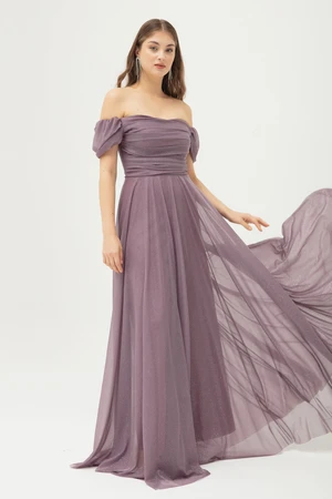 Lafaba Women's Lavender Boat Neck Draped Slit Long Silvery Evening Dress