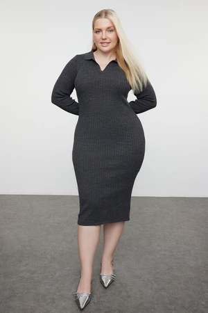 Trendyol Curve Anthracite Polo Neck Ribbed Knitwear Dress