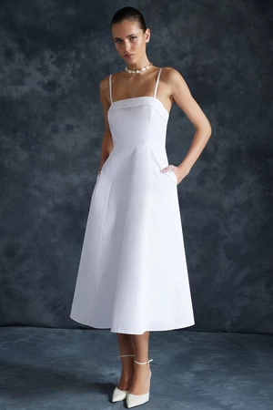 Trendyol 100% Cotton Poplin Midi Woven Dress with White Skirt Opening at the Waist