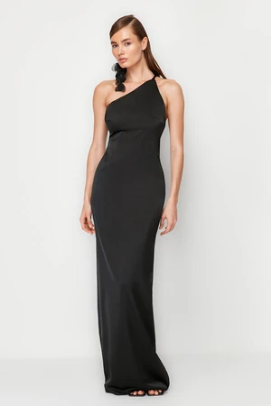 Trendyol Black A-Cut Rose Detailed Woven Satin Long Evening Evening Dress