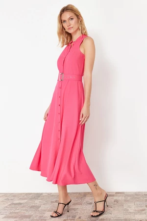 Trendyol Pink Belted Midi Woven Shirt Dress