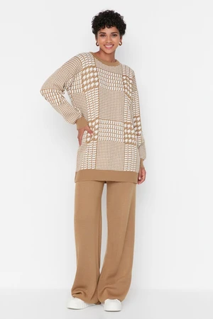 Trendyol Camel Crowbar Pattern Sweater-Pants Knitwear Set