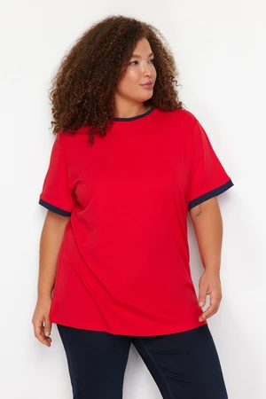 Trendyol Curve Red Color Block Detailed Boyfriend 100% Cotton Knitted T-shirt